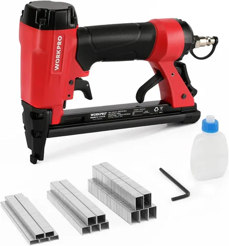 WORKPRO Pistola de grapas neumática de calibre 20, grapadora de tapicería T50 con 1260 grapas de 1/4 a 5/8 pulgadas, escape trasero, para