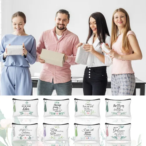 Miniatura 6 de Panelee 48 bolsas de cosméticos cristianos a granel para mujeres, bolsas de maquillaje con versículos de la Biblia, llaveros inspiradores, regalos