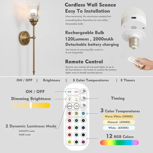 Miniatura 6 de HEQIQEH Juego de 2 apliques de pared recargables vintage con pantalla de vidrio transparente con flecos, regulables, sin cables, con control remoto