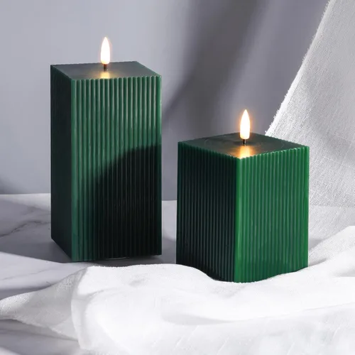 Miniatura 5 de Velas sin Llama Acanaladas Verde Oscuro con Control Remoto, Velas LED Cuadradas a Batería Juego de 2 Φ 3" H 4" 6