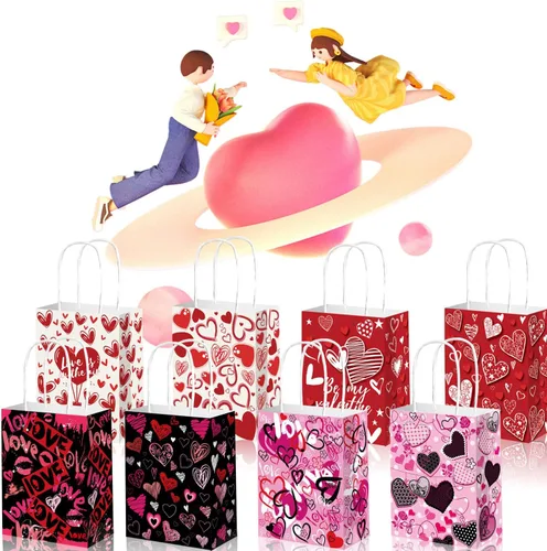 Miniatura 7 de KIPETTO Bolsas de regalo de San Valentín, 12 bolsas de papel para el día de San Valentín con asas en forma de corazón, bolsa de golosinas