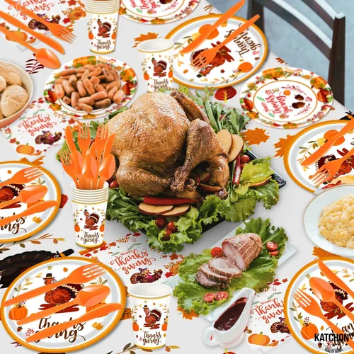 Miniatura 8 de KatchOn Paquete de fiesta de Acción de Gracias, 176 piezas para 25 invitados, mantel, platos, servilletas, tazas y cubiertos para decoración de mesa
