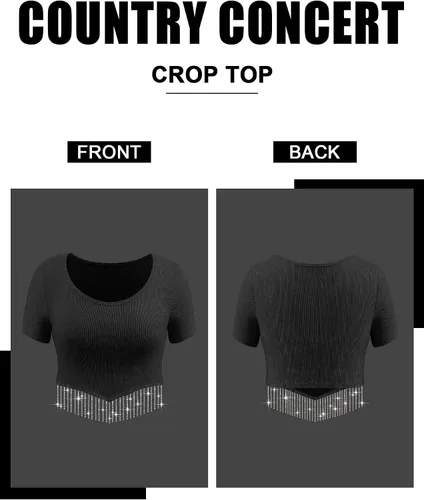 Miniatura 5 de Dresswel Nashville - Blusa corta brillante de manga corta con flecos de diamantes de imitación para verano, blusa corta con borlas y purpurina