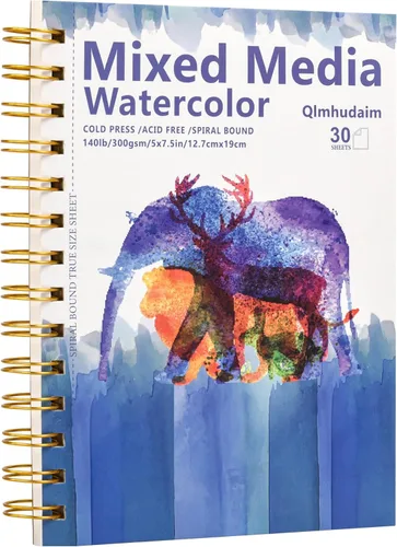 Miniatura 8 de Cuaderno de bocetos de medios mixtos Qlmhudaim 4" x 4" 30 hojas 140 lb/300 g, encuadernado en espiral con línea de desgarro De grado