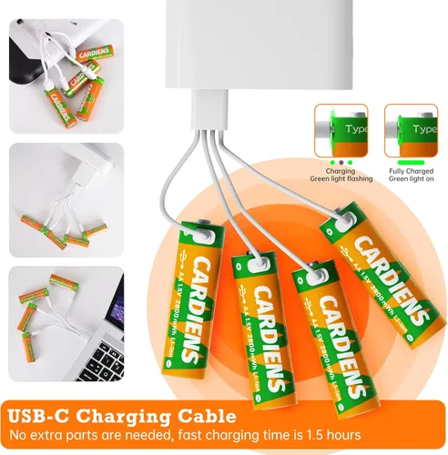 Miniatura 2 de Baterías AA recargables USB 2800mWh, baterías AA de litio recargables de 1.5 V, doble A, con cable de carga USB-C 4 en 1 e indicador de carga LED