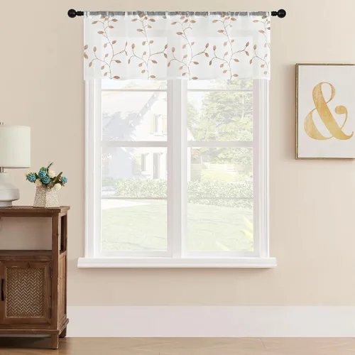 Miniatura 9 de MRTREES Cenefa de cortina transparente de Navidad, 2 paneles de cortinas bordadas con hojas pequeñas de 54 x 16 pulgadas, bolsillo para barra