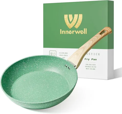 Innerwell Sartén antiadherente de 9.5 pulgadas, de aluminio, no tóxica, libre de PTFE y PFOA, adecuada para todos los tipos de estufa, fácil de Verde