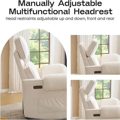 Miniatura 6 de Chenille Rocking Chair Nursery with Adjustable Headrest, 24" Extra Wide Swivel Rocker Recliner with Overstuffed Armrest, Oversized Power Rocker