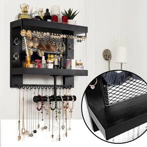 Miniatura 5 de Pinzoveco Organizador de joyas colgante montado en la pared con soporte organizador de joyas de pared para collares, pulsera, aretes, anillo (negro)