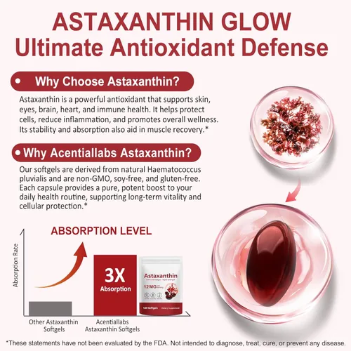 Miniatura 6 de Suplemento de astaxantina premium de 12 mg, 120 cápsulas blandas de astaxantina, fórmula sin OMG y sin gluten, 1 paquete