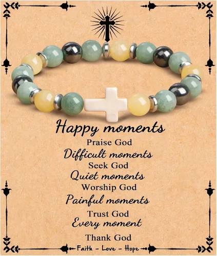 Miniatura 14 de JoycuFF Regalos Cristianos, Pulseras de Cruz para Mujeres, Joyería Cristiana Católica Religiosa de Fe de Pascua, Pulseras de Piedra Natural