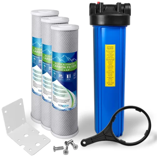 Sistema purificador de filtro de agua azul de alta capacidad de 20 x 4.5 pulgadas para toda la casa con botón de alivio de presión, puerto de latón