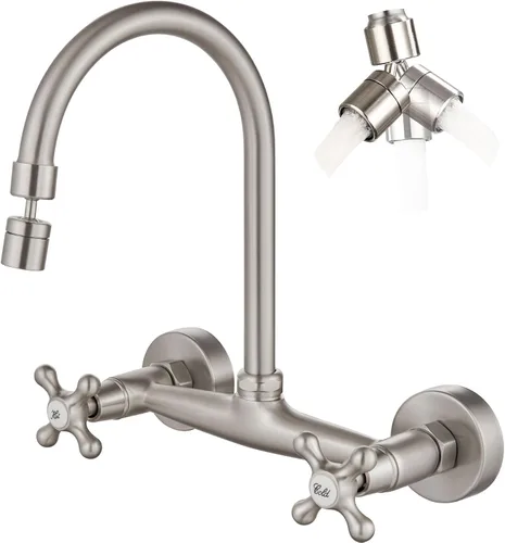 Miniatura 11 de Airuida Grifo de cocina de montaje en pared con rociador, grifo de fregadero de cocina montado en la pared, asas dobles cruzadas, boquilla giratoria
