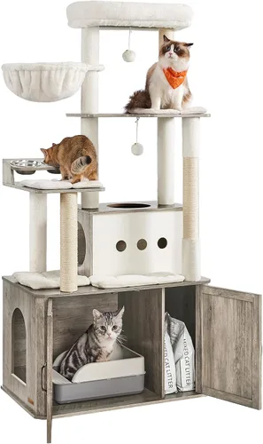 Feandrea Árbol para gatos, torre para gatos de 66.9 pulgadas con caja de arena, condominio grande con estación de alimentos, almacenamiento, postes