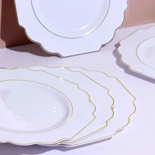 Miniatura 8 de Efavormart - Paquete de 10 platos de postre de plástico color rosa canela de 8 pulgadas, con borde dorado barroco, platos de ensalada desechables