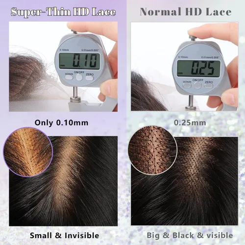 Miniatura 4 de NESMON Pelucas de cabello humano con cierre de encaje HD de 5 x 5, sin pegamento, nudos preblanqueados, densidad del 200 %, 0.004 in, encaje suizo