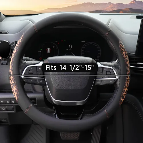 Miniatura 2 de KAFEEK Funda de cuero de microfibra para volante de automóvil, universal de 15 pulgadas, protector de volante de automóvil antideslizante empalmado