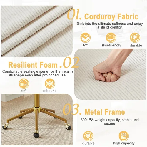 Miniatura 4 de Silla de tocador con ruedas, silla de tocador de pétalos con respaldo y patas de metal dorado entrecruzadas, silla de escritorio para oficina