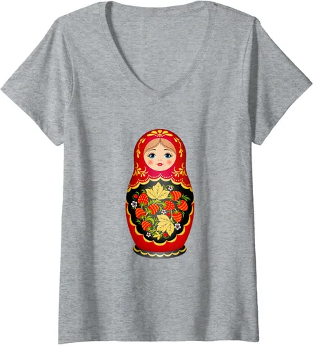 Miniatura 7 de Hermosa camiseta de Matryoshka Russian Strawberry Nesting Doll con cuello en V para mujer, Negro, S