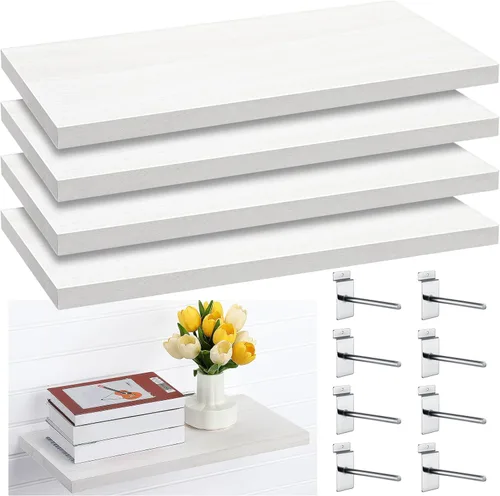 Landical Juego de 4 estantes flotantes de madera para pared, estantes de pared de listones blancos con ganchos de metal, accesorios para sala de