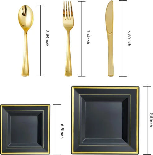 Miniatura 3 de JOLLY CHEF 125 piezas de platos cuadrados de plástico negro y dorado, incluyendo 25 desechables para cena, 25 para postre, 25 cuchillos, 25