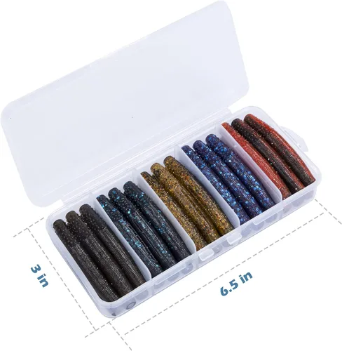 Miniatura 6 de Soft Plastic Worm Fishing Lures Kit, Finesse TRD Stick Worms and Ned Rig Baits with Jig Heads for Bass Fishing, Freshwater Bass Soft Baits Mezcla