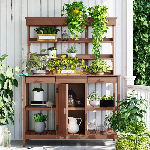 Miniatura 11 de Mesa Grande para Macetas de Exterior de 66" con 2 Cajones, Gabinete, Estantes Abiertos, Banco de Madera para Macetas para Jardín, Patio, Casa