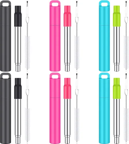 Gejoy Paquete de 6 popotes de metal reutilizables para viaje con estuche, plegable, portátil, retráctil, punta de silicona de acero inoxidable y