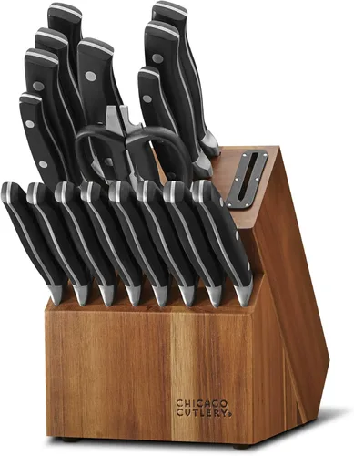 Chicago Cutlery Insignia Triple Rivet Poly (18 piezas) Juego de bloques de cuchillos de cocina con bloque de madera y afilador integrado, mangos
