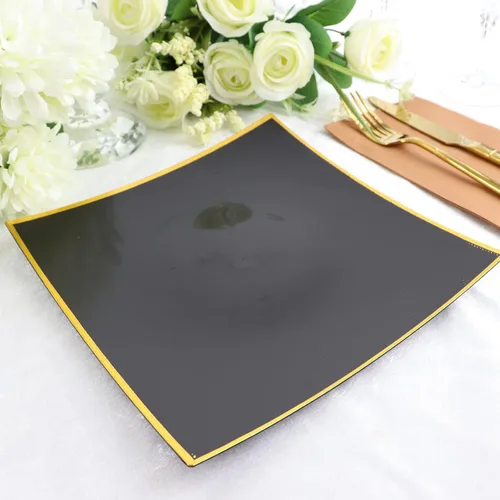 Miniatura 13 de Tableclothsfactory Paquete de 10 platos llanos cuadrados cóncavos de plástico duro de 8 pulgadas negro/dorado, platos desechables para fiestas