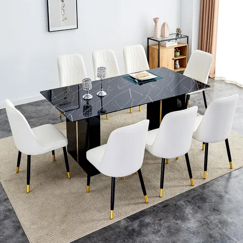 Miniatura 18 de Juego de mesa de comedor de vidrio de 71 pulgadas para 6, mesa de comedor para 6, mesa de vidrio templado con marco de MDF blanco y 6 sillas