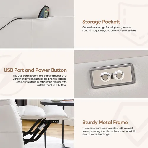 Miniatura 6 de Silla reclinable para adultos, mecedora eléctrica de piel sintética para masaje y calor, silla reclinable giratoria de gran tamaño con puertos USB