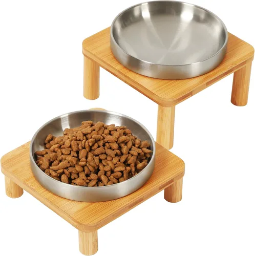 DoogCat Cuencos elevados para gatos de interior – Soporte elevado de bambú para gatos con platos de acero inoxidable de 5.5 pulgadas de ancho, plato