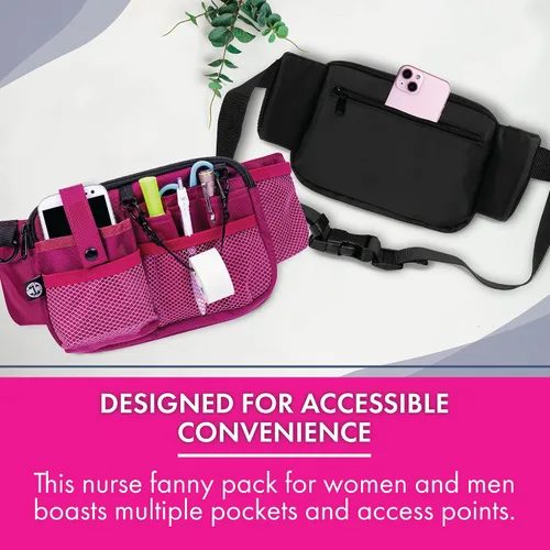 Miniatura 5 de First Lifesaver Riñonera para enfermera con múltiples compartimentos y soporte para cinta, Rosado, L, Riñonera manos libres con múltiples