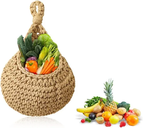 Miniatura 9 de Cesta colgante de frutas para cocina, cesta de frutas para colgar en la pared, cesta de frutas y verduras tejida a mano, cesta colgante de yute