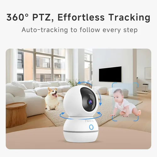 Miniatura 6 de Noorio Cámara de seguridad para interiores, cámara UHD de 4 MP para mascota/perro de 360 grados para seguridad del hogar, llamada de un solo toque