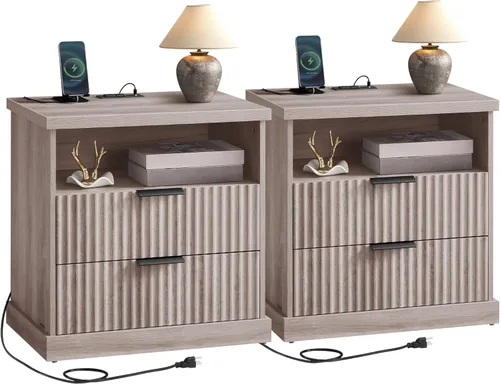 Miniatura 9 de VASAGLE - Colección MAXE - Mesita de noche con estación de carga, soporte estriado, mesa de noche, mesa auxiliar de estilo moderno de mediados