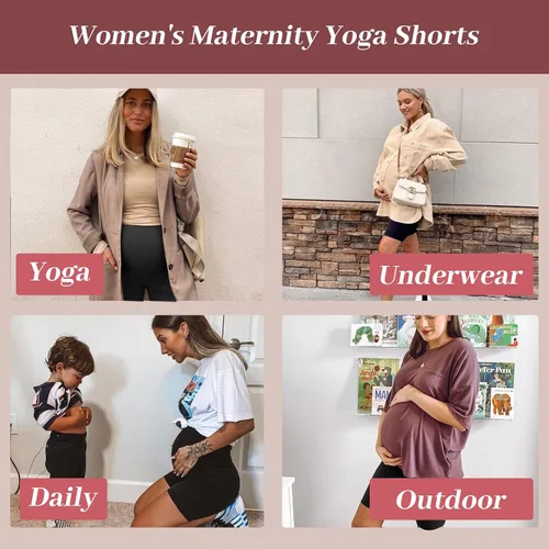 Miniatura 3 de YOLIX Paquete de 2 pantalones cortos de maternidad sobre el vientre, cintura alta, negro, entrenamiento, 8 pulgadas, pantalones cortos de ciclismo