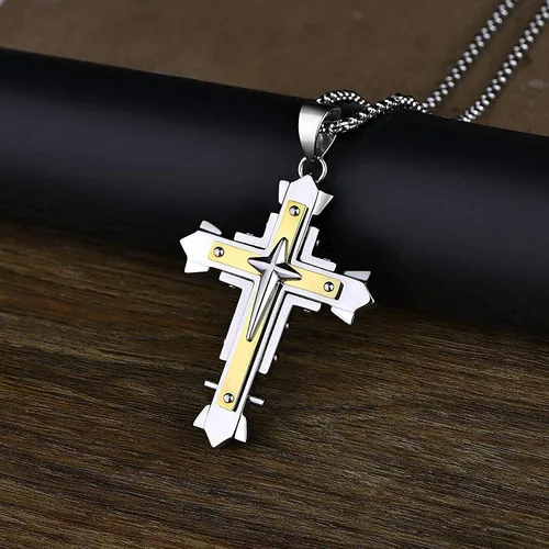 Miniatura 4 de Collar con colgante de cruz de Jesucristo grande de acero inoxidable, joyería religiosa para hombres, cadena de 24 pulgadas, color plataoronegro