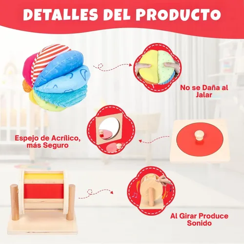 Miniatura 2 de Montessori - Kit de juguetes para bebés, espejo, peekaboo, rompecabezas de perillas, tambor giratorio, bola arcoíris - niños pequeños de 6 a 12 meses