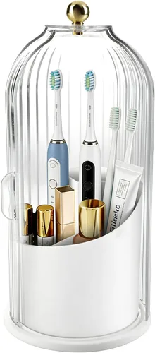 Organizador de cepillos de dientes de baño, organizador de almacenamiento de cepillos de dientes giratorio de 360° con cubierta a prueba de polvo,