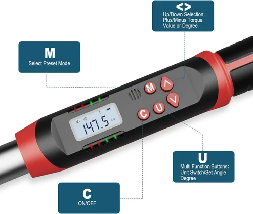 Miniatura 6 de Leolee - Llave dinamométrica digital de 1/2 pulgada con ángulo, 7.38-147.5 pies-libra/10-200 Nm, llave dinamométrica electrónica con valor