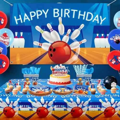 Miniatura 6 de KEFAN Decoraciones de fiesta de cumpleaños de bolos, suministros de vajilla para fiesta temática de bolos, incluyendo telón de fondo, platos, vasos