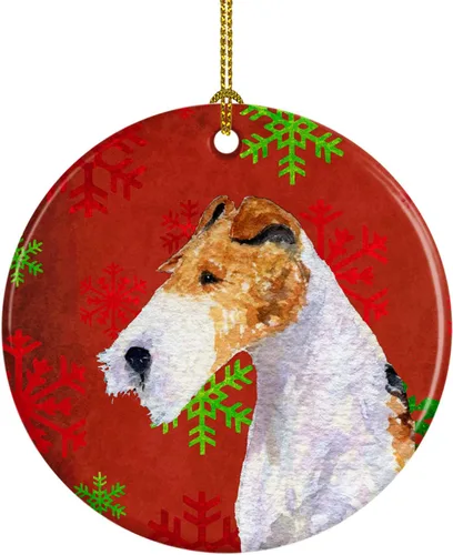 Miniatura 120 de Caroline's Treasures Bulldog English - Copos de nieve rojos y verdes, adorno de cerámica de Navidad, decoración colgante para el hogar, Navidad