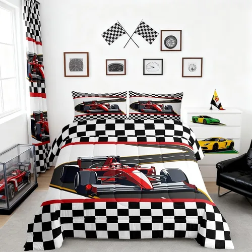 Miniatura 37 de Castle Fairy Juego de edredón con bandera a cuadros en blanco y negro para niños, niñas, mujeres y adultos, edredón con temática de carreras, juego