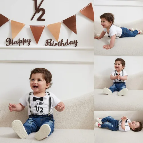 Miniatura 54 de Conjunto de ropa de cumpleaños para bebé niño pequeño, con tirantes, pantalones de mezclilla rasgados