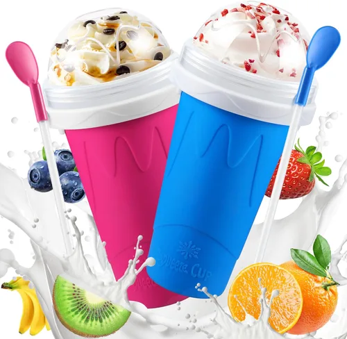 Paquete de 2 vasos mágicos para hacer granizados congelados, vasos portátiles para hacer batidos de jugo, yogur, helado, reutilizable, para Azul+Rosa