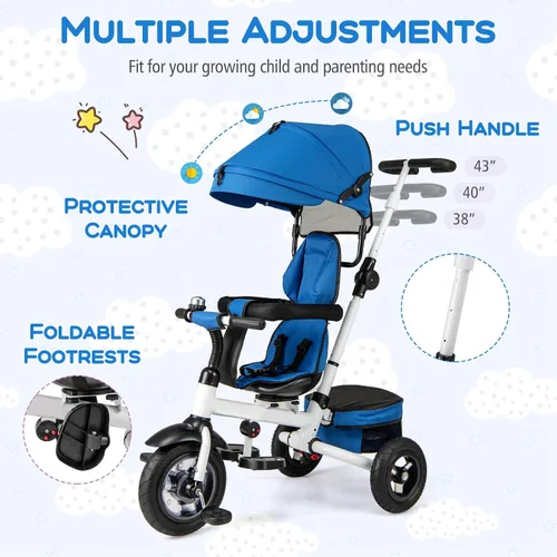 Miniatura 6 de Costzon - Triciclo, 5 en 1 para niños pequeños con mango de empuje plegable, asiento giratorio, rueda EVA, dosel ajustable, canasta de Azul