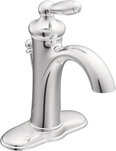 Moen Brantford - Grifo de lavabo de baño tradicional cromado con una manija con placa opcional y kit de extensión de fregadero disponible, 6600