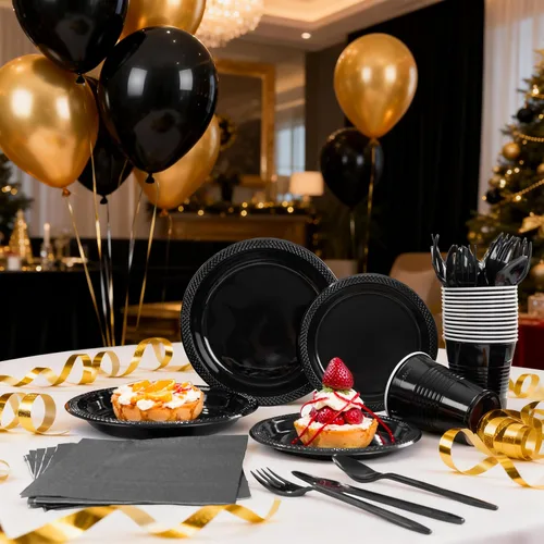 Miniatura 8 de MirthMood - 350 platos desechables negros, platos negros, suministros de plástico para fiestas, incluye 50 platos llanos, 50 platos de ensalada, 50